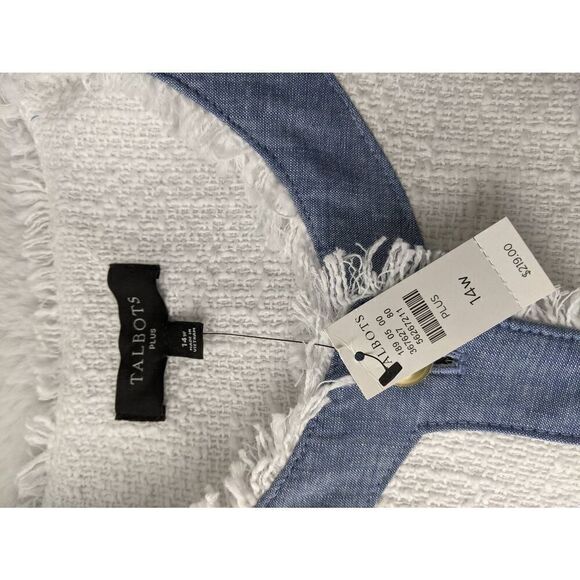 Talbots‎ NWT Tweed Texture White Blazer w Denim Trim Fringe Edge Sz 14 New - Picture 4 of 8